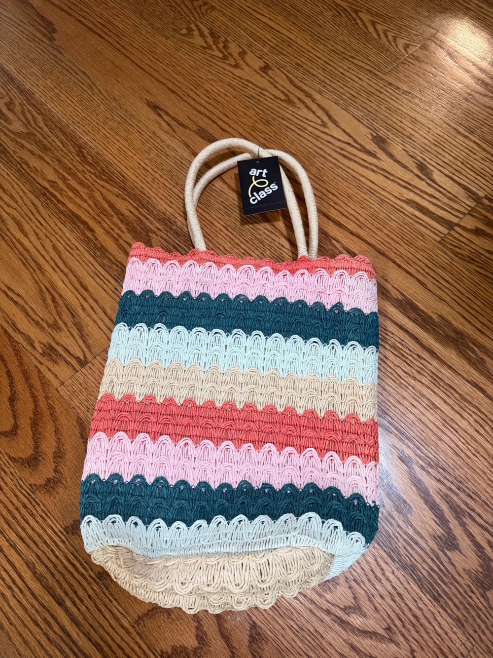 art class Crochet Stripe Tote in Pink, Teal, Coral, Cream